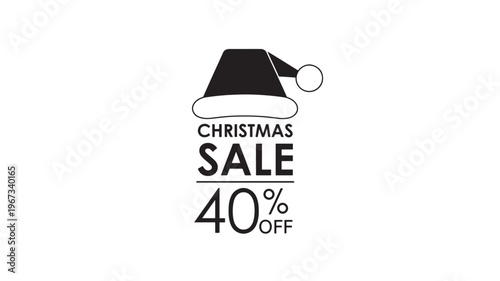 Christmas sale sign with a black Santa hat graphic and 40 percent off text on a white background. featuring discount, promotion, offer with holiday