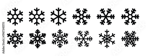 A collection of intricately designed black snowflakes showcases diverse patterns and forms creating a wintery aesthetic silhouette high quality professional detailed modern elegant