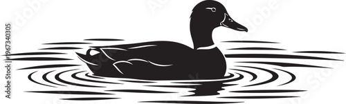 Black silhouette of a duck on water with ripples white background