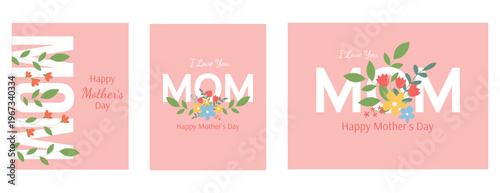 Set of minimalistic mother`s day greeting banners with flowers on the pink background. Template for social media. 