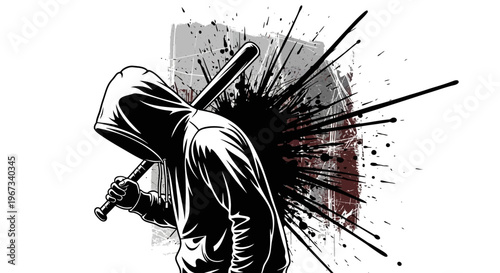 Dark hooded figure holding a baseball bat with a grunge splatter background, depicting urban aggression and rebellion.