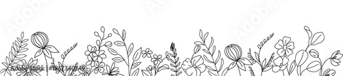 Black ink lines sketch wildflowers and grasses. Botanical elements bloom across the bottom edge. Simple, elegant, nature-inspired border design. Perfect for greeting cards or magazine layouts