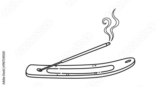 Incense stick burning with aromatic smoke on a simple black and white holder, isolated on white background.
