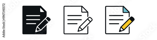 Document with pencil icon set. document, edit, note, write, form, compose, edit file. line, flat and colored vector icon set.