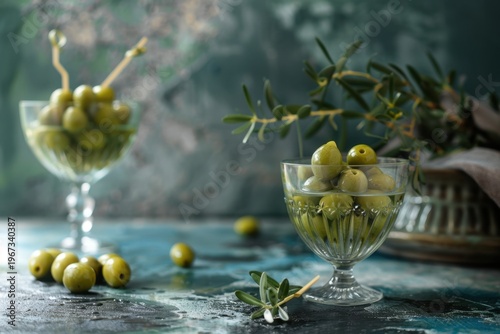 martini glass with green olives on a cocktail stick, cocktail decor  