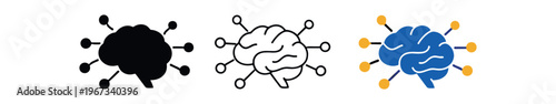 Brain network icon set. neural network, brain connections, ai and intelligence symbol, cognition, data nodes, neural links and science. line, flat and colored vector icon set.