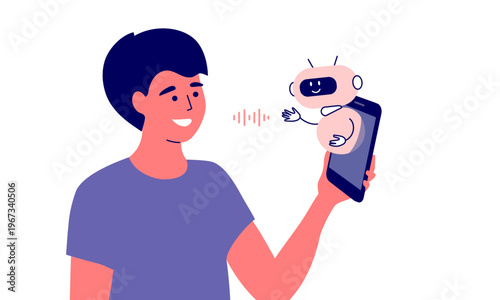 Man talking with cute android robot using smartphone. Voice message, smart video call center, support service. Artificial intelligence virtual assistant help. Ai audio chatbot vector illustration