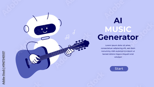 Ai music generator concept. Cute robot playing guitar vector illustration. Artificial intelligence tehnology to generate audio sound content. Design template app compose music. Innovation melody maker