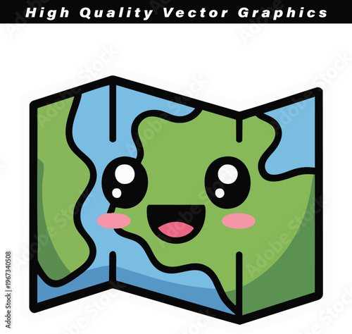 Map: A cute, anthropomorphic world map is playfully smiling with rosy cheeks and wide-open eyes, representing global travel and exploration.