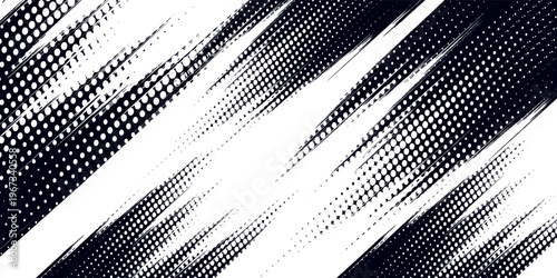 Abstract Black and White Halftone Brush Stroke Background, Grunge Dot Pattern Texture, Hand Drawn Ink Splatter Design Element for Streetwear, Poster, and Urban Graphics.