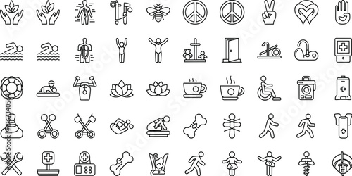 Healthcare and wellness vector icons set featuring physical therapy medical equipment exercise symbols and holistic health line art