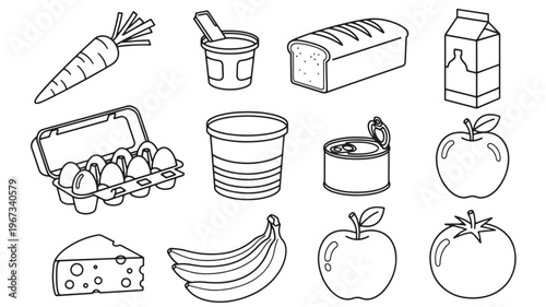 Grocery icons featuring a carrot, eggs, bread, milk carton, canned food, apples, cheese, bananas, and tomatoes with clean lines.
