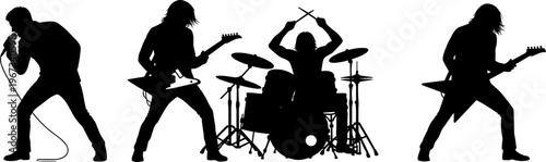 Silhouette of rock band performing live, singer with microphone, guitar players, drummer with drum set, music concert, stage performance, musician illustration