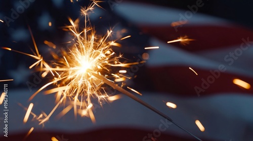 Sparking Celebration With a Hand-Held Firework in Front of an American Flag