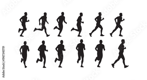 A group of people running in different poses on white background isolated on transparent background