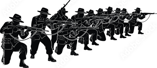 Black and white vector silhouette of a military squad in slouch hats kneeling and aiming rifles during a tactical combat drill