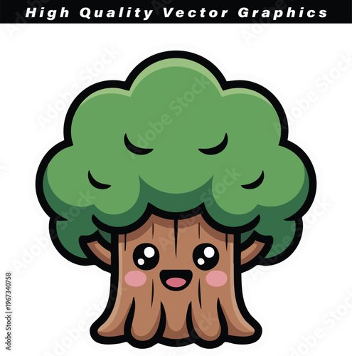 Tree illustration depicts a cute, anthropomorphic character with a vibrant green leafy canopy and a cheerful facial expression, standing on a clear white background.