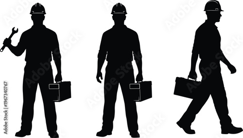 Construction worker silhouette set featuring male technician wearing hard hat holding wrench and toolbox for industrial maintenance and repair service.