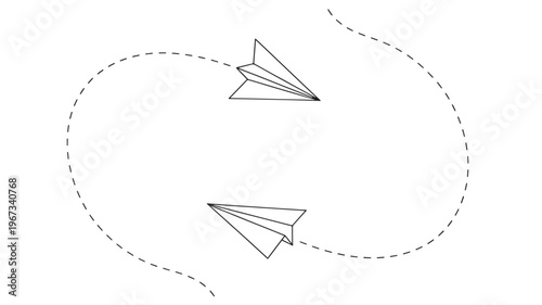 Paper airplanes are flying in opposite directions, creating a circular path on a white background with dashed lines.