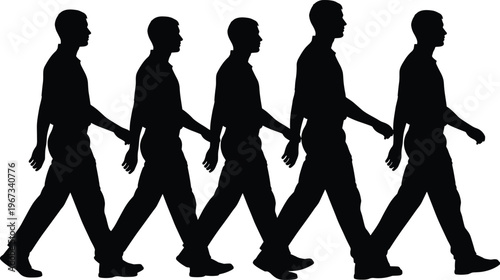 Full length silhouette of a group of five businessmen in casual clothing walking together in a row on white background.