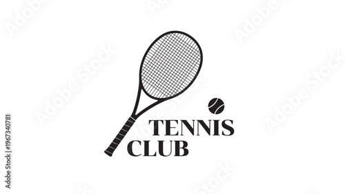 Tennis racket and ball graphic with the words "TENNIS CLUB" inscribed in bold black letters against a white background.