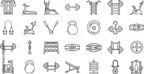 Large set of gym fitness and bodybuilding equipment outline icons including treadmill dumbbells kettlebells and workout machines isolated vector illustration on white background