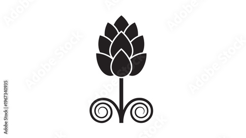 Hop cone simple icon with decorative swirling stem and leaves, stylized botanical illustration on white background.