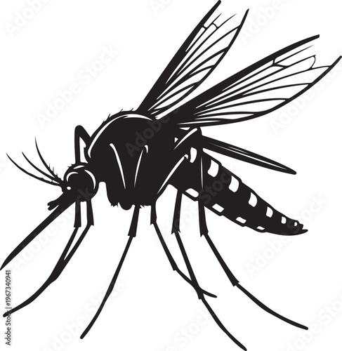 Black silhouette of a mosquito with white spots on wings and tail