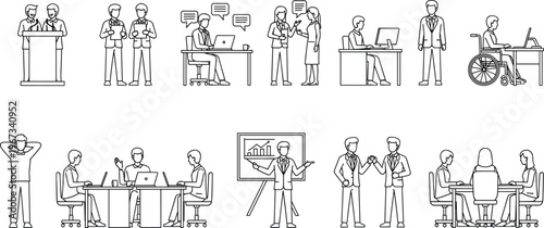 Business office teamwork and corporate culture vector icons set featuring diverse employees meeting presentations collaboration and workplace inclusion