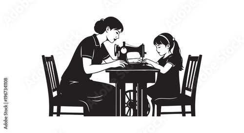 A mother and daughter engaged in sewing together at a round table isolated on transparent background