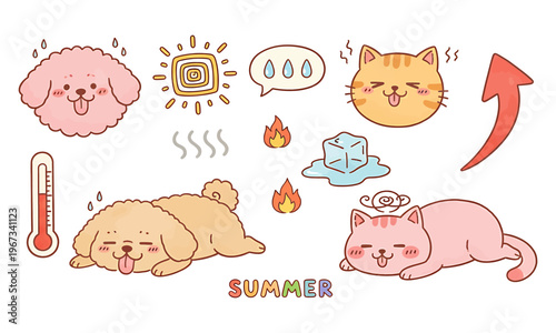 A cat and a dog on a hot summer day, pets suffering from the heat wave. Vector set of hot weather