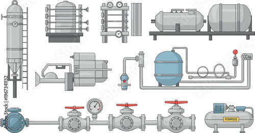 Industrial Pipeline and Pressure System Components with Pumps, Valves, Gauges, and Tanks for Engineering and Plumbing Designs