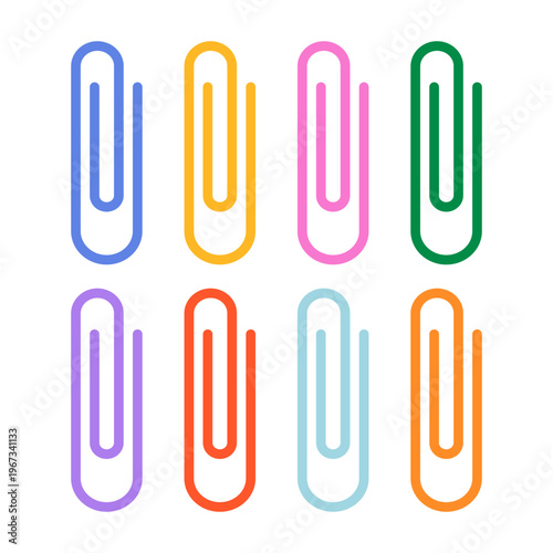 Paper clips. Colorful metal paperclip linear icons, document file attachment tools, cute minimal stationery equipment, document reminder note sign. Vector isolated set