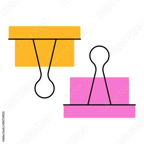 Cartoon binder clip. Colorful paper clamp icons flat style, document holder stationery supplies, simple office equipment for binding papers. Vector isolated illustration