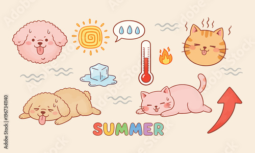 A cat and a dog on a hot summer day, pets suffering from the heat wave. Vector set of hot weather