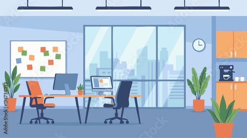 Modern office interior with two workstations, cityscape view, and coffee corner