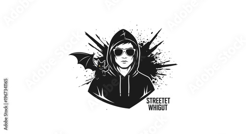 Monochromatic illustration of a mysterious person in a hoodie and sunglasses with a bat and grunge elements.