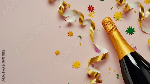 Celebration With Champagne Bottle and Colorful Decorations on Pink Background
