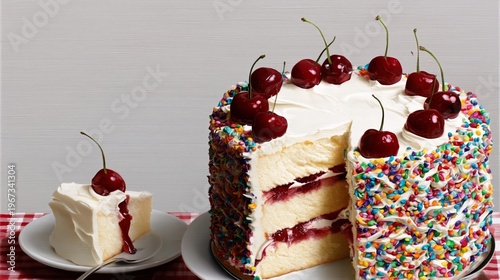 Colorful Cake With Cherries and Rainbow Sprinkles is Cut and Served on a Table