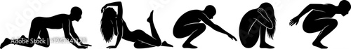 Silhouette collection of human figures crouching, crawling, squatting, bending forward, posture transitions, motion study, dynamic movement illustration, body gesture icon