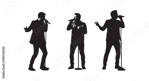 Three silhouette singers performing on stage with microphones isolated on transparent background