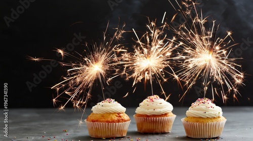 Cupcakes With Frosting and Sparklers for Celebration in a Simple Setup