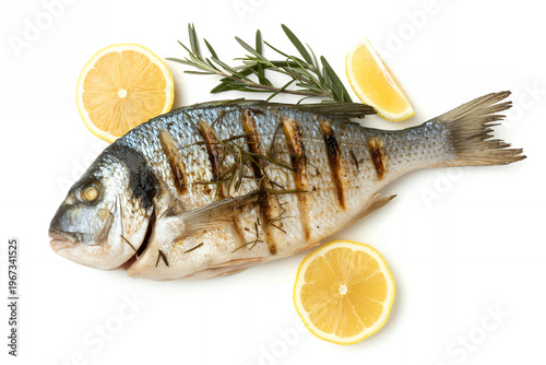 Grilled fish with lemon and rosemary isolated
