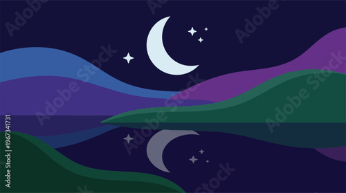 Minimalist Night Landscape with Crescent Moon and Star Reflections