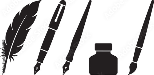 Antique quill feather pen and inkwell vector illustration featuring a black vintage plume and old bird wing design for calligraphy art icons
