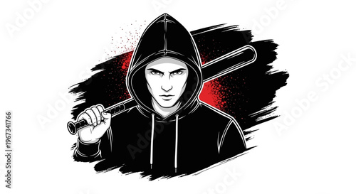 Intense illustration of a person in a black hoodie holding a baseball bat with a grunge background.