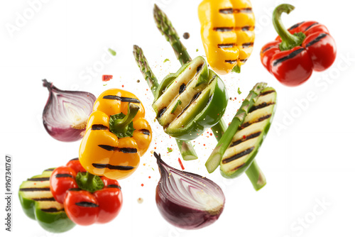 Grilled peppers and vegetables floating together food