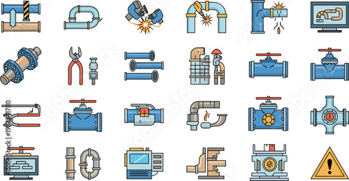 Plumbing and Pipework Icons Collection Including Valves, Pipes, Wrenches, and Tools for Construction, Maintenance, and Industrial Designs