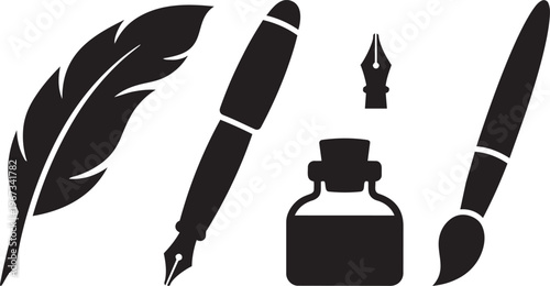 Antique quill feather pen and inkwell vector illustration featuring a black vintage plume and old bird wing design for calligraphy art icons