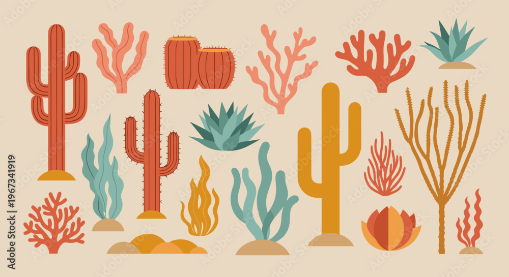 Fototapeta premium Desert Botanical Elements: Cactus Agave and Succulent Vector Illustration